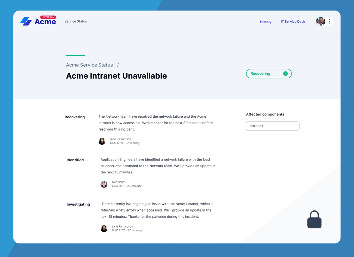 Sorry™ internal status page for Acme showing Intranet component in Recovering status with incident timeline including updates from Jane Richardson and Tom Smith about network failure investigation and resolution