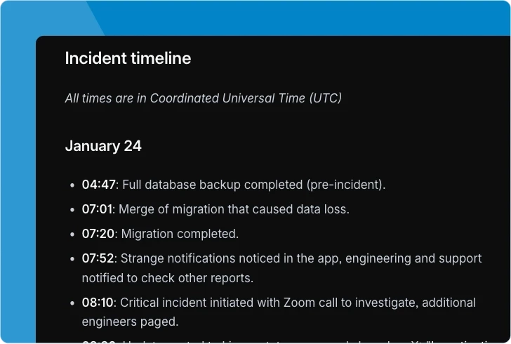 Linear incident timeline showing January 24 events in UTC including database backup at 04:47, merge causing data loss at 07:01, migration completion at 07:20, strange notifications at 07:52, and critical incident initiation at 08:10