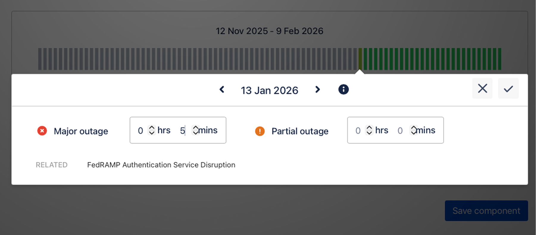 An overlayed modal detailing 13 Jan 2026 with Major outage of 5 mins and partial outage as 0, with a related incident: FedRAMP Authentication Service Disruption.