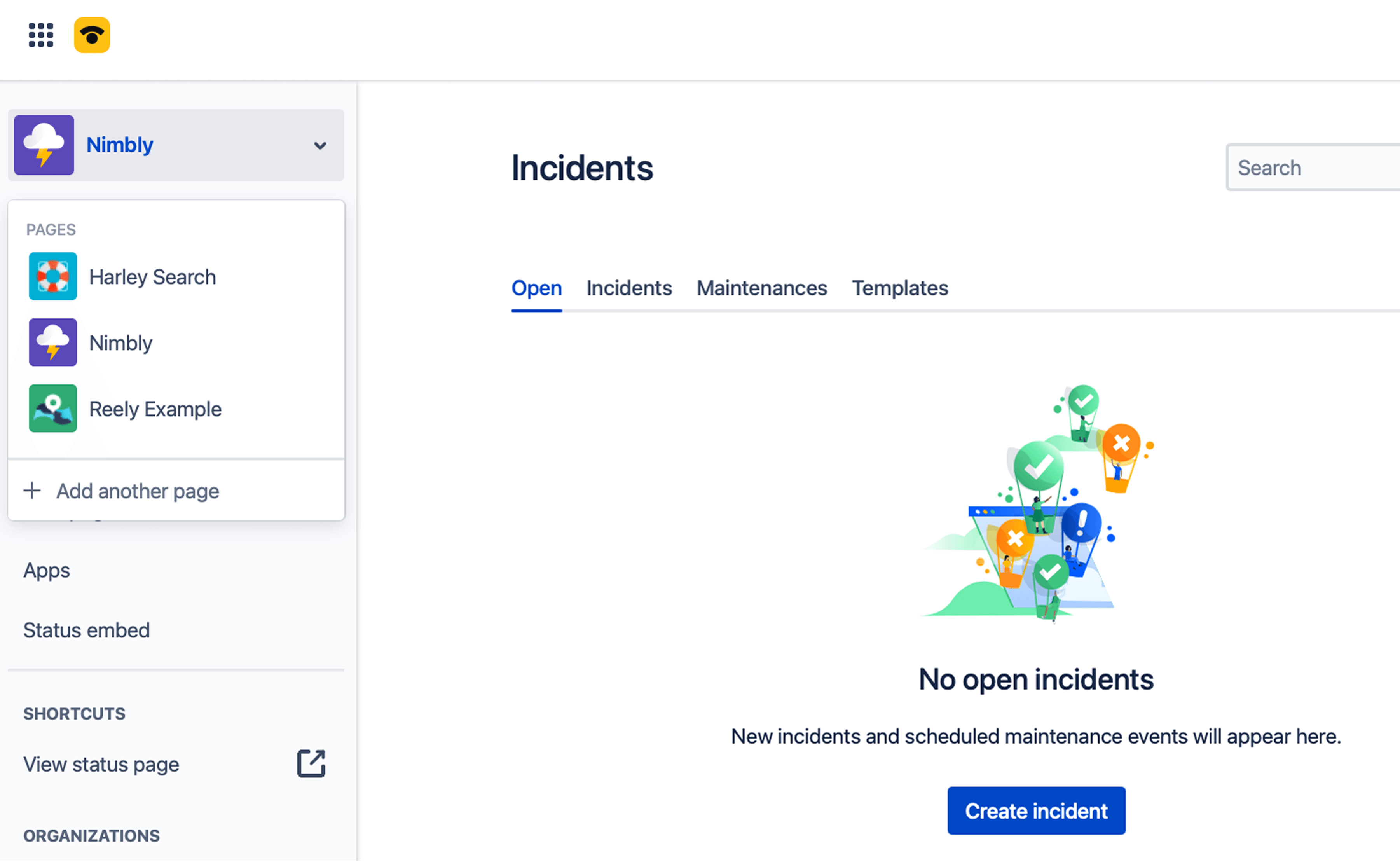 Atlassian Statuspage multi-page dropdown navigation showing Nimbly as the selected page with Harley Search and Reely Example below.