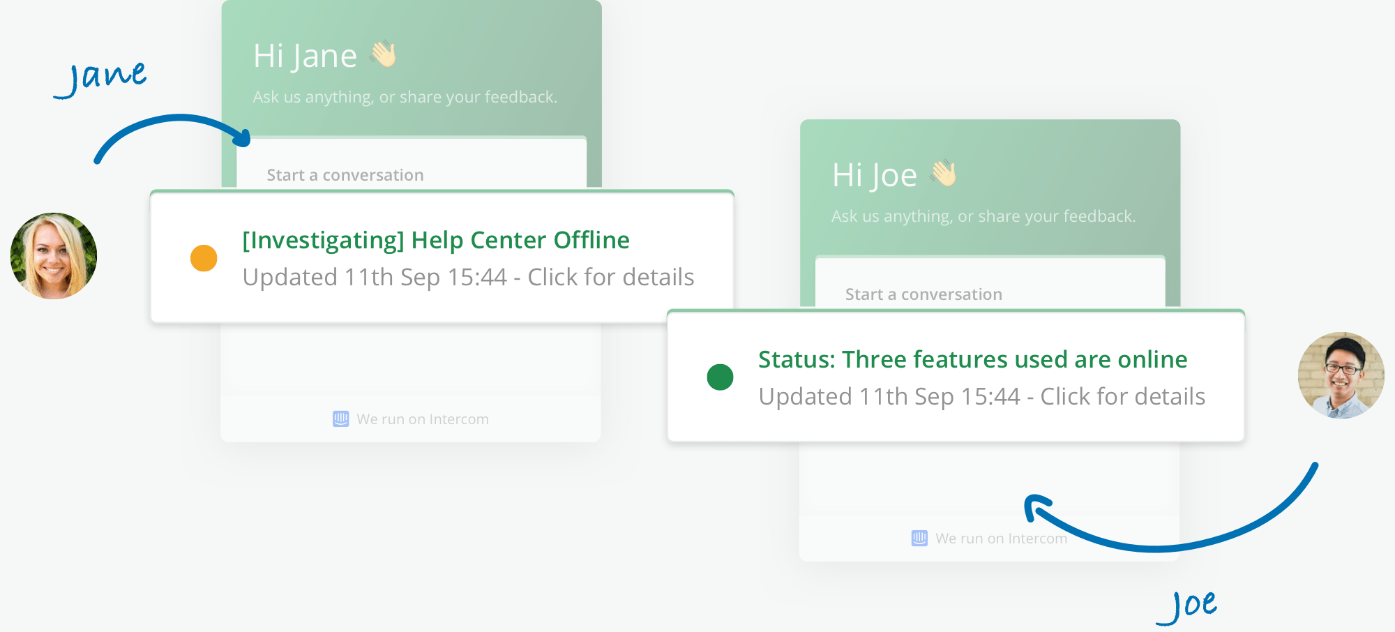 Intercom widget examples showing status updates in two user conversations with support agents.