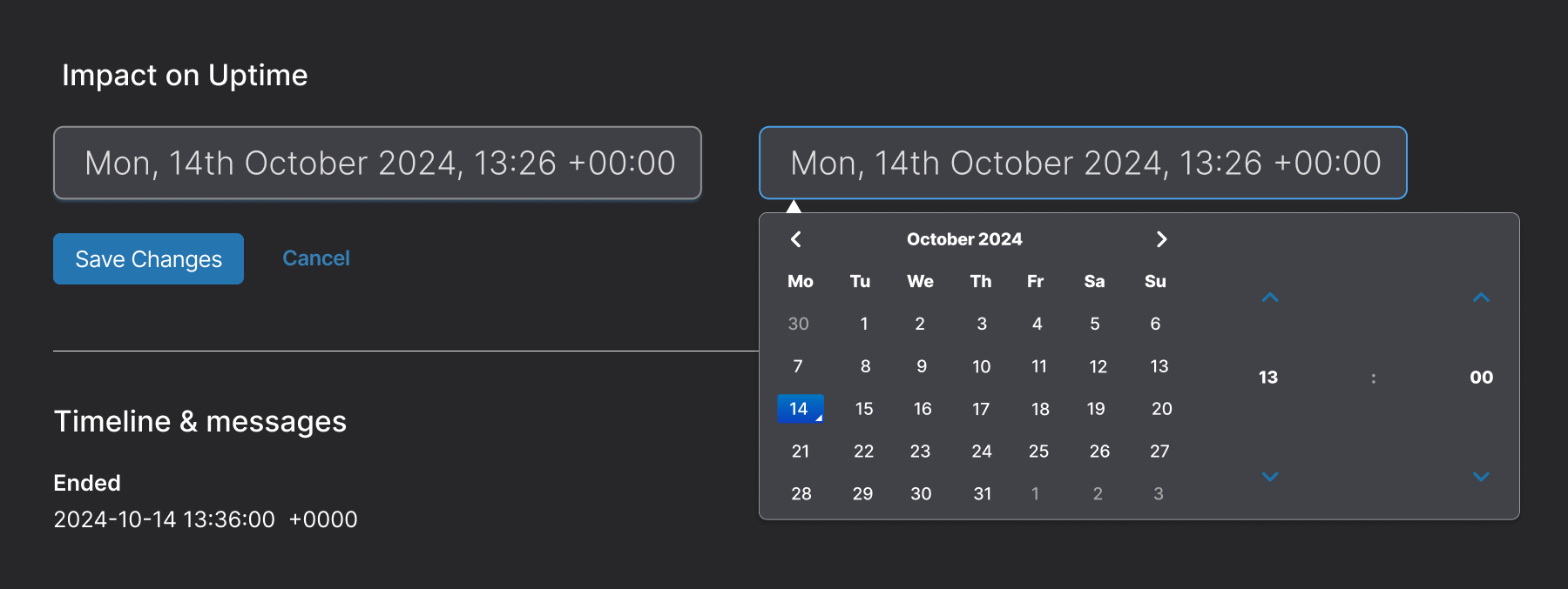 A form that is showing impact on uptime with a calendar for October 2024, with timeline showing ended date.