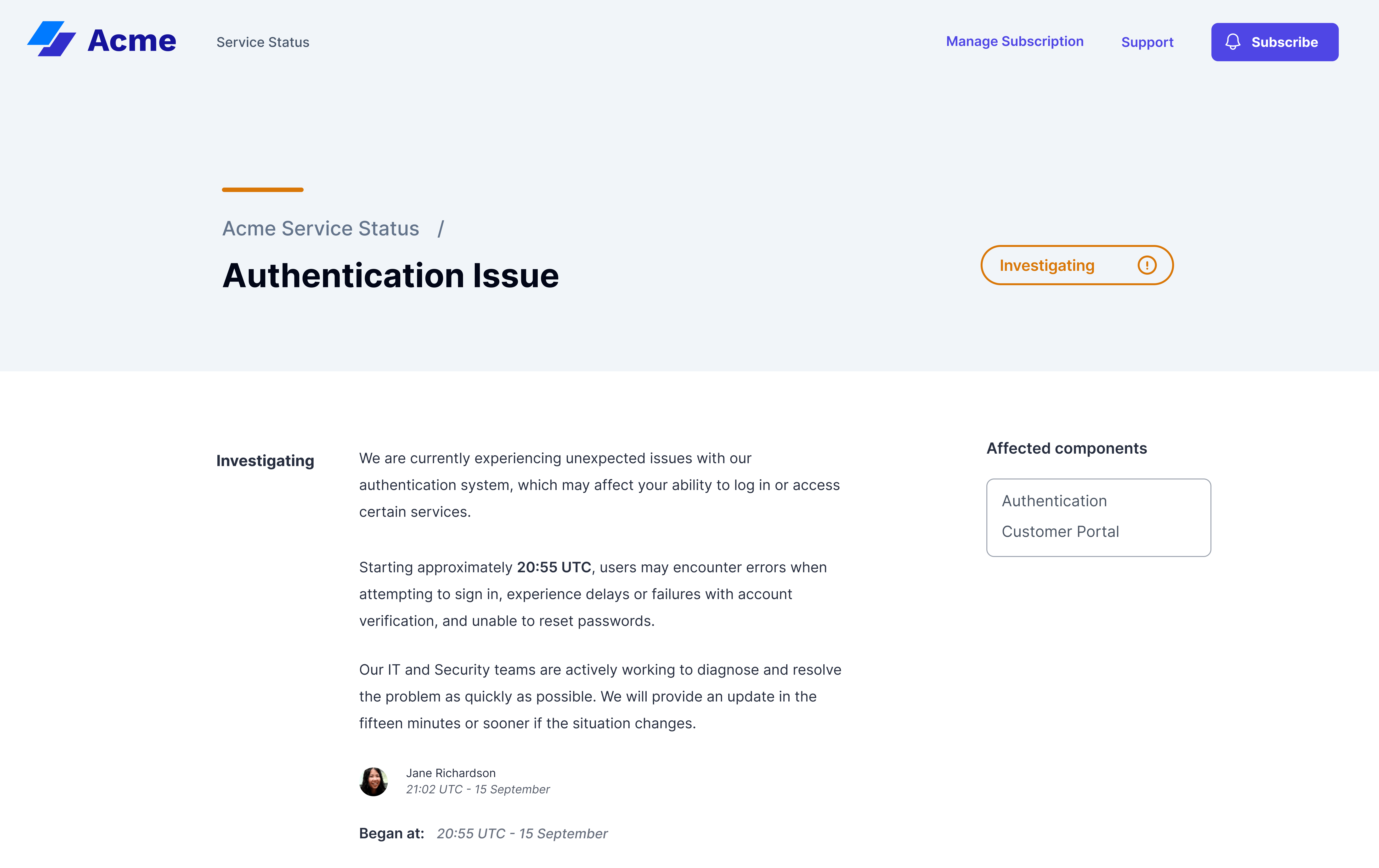 Sorry™ Acme Authentication Issue incident page with investigating status badge, detailed incident description starting at 20:55 UTC, affected components list showing Authentication and Customer Portal, and user update from Jane Richardson dated 21:02 UTC on 15 September