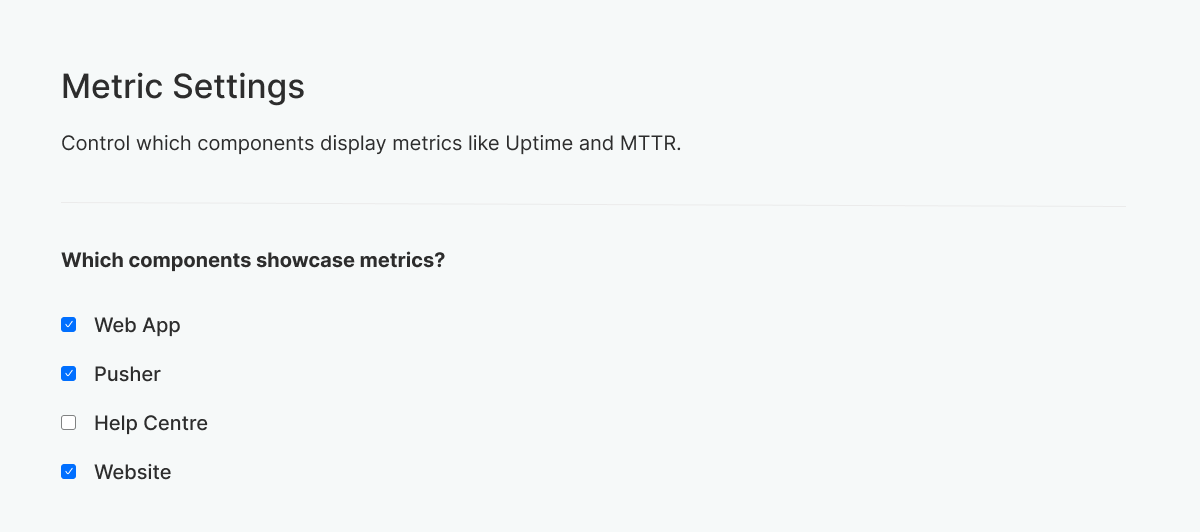Sorry™ interface showing how to enable uptime metrics at component level