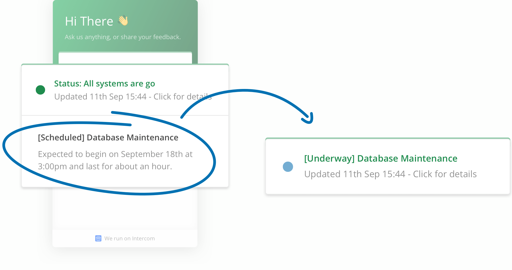 Intercom widget showing maintenance status transition from Scheduled to Underway for Database Maintenance.