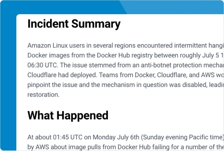 Docker Hub Post Incident Review showing Incident Summary describing Amazon Linux users experiencing intermittent hangs pulling Docker images between July 5-6, 2024, caused by anti-botnet protection mechanism deployed by Cloudflare