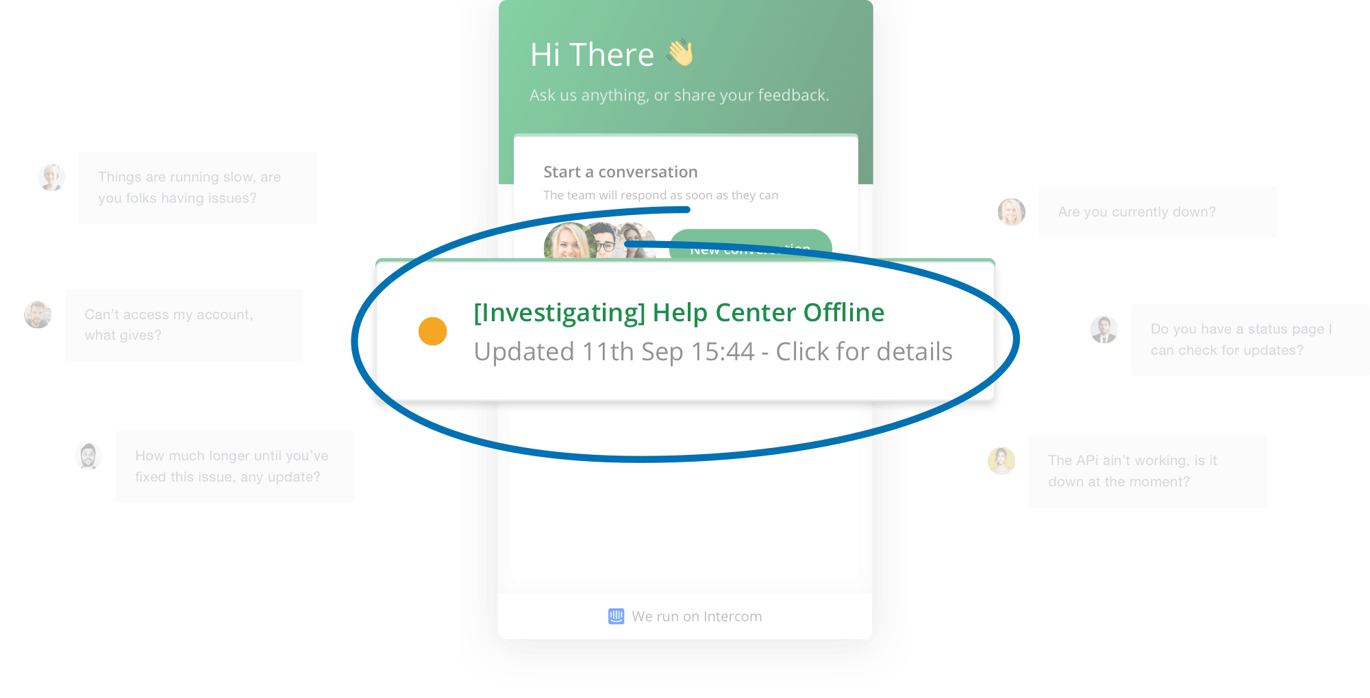 Intercom widget showing incident notification: 'Investigating: Help Centre Offline' with timestamp.