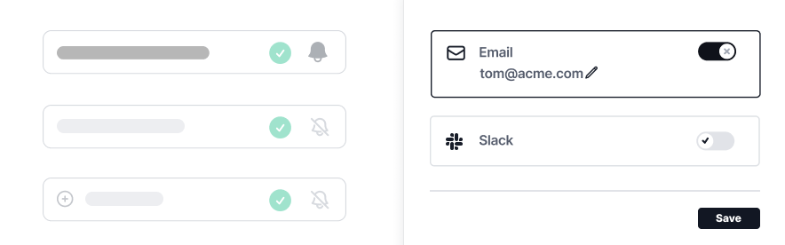 Sorry™ subscriber preferance window showing components, email and Slack as notifications method for a single subscriber.